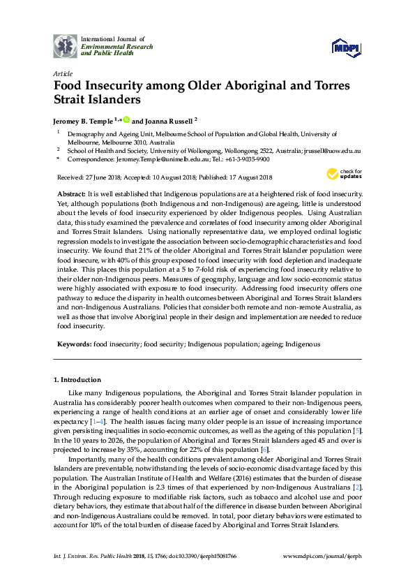 Pdf Food Insecurity Among Older Aboriginal And Torres Strait Islanders