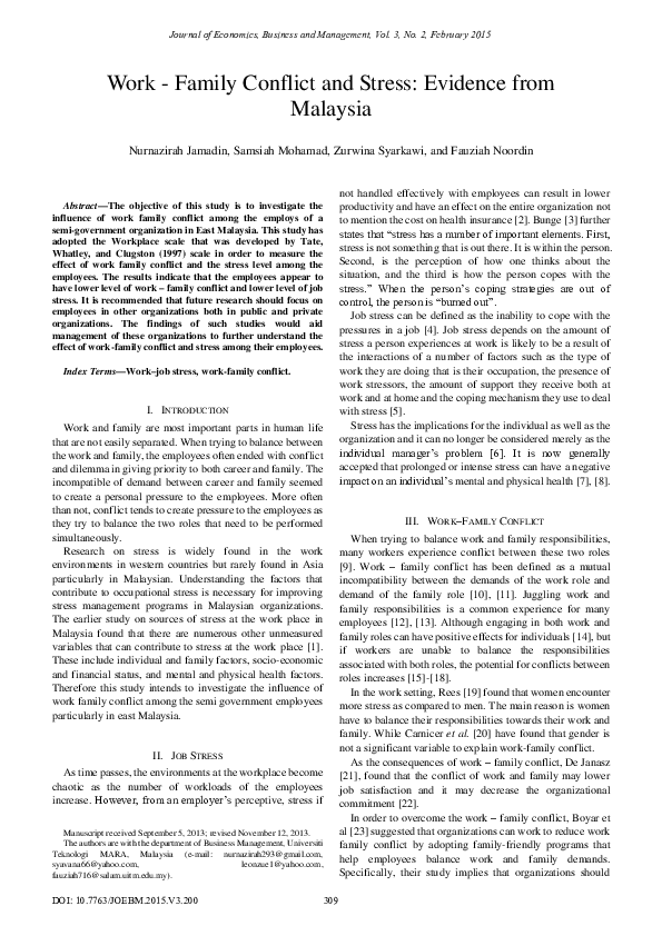 (PDF) Work - Family Conflict and Stress: Evidence from Malaysia