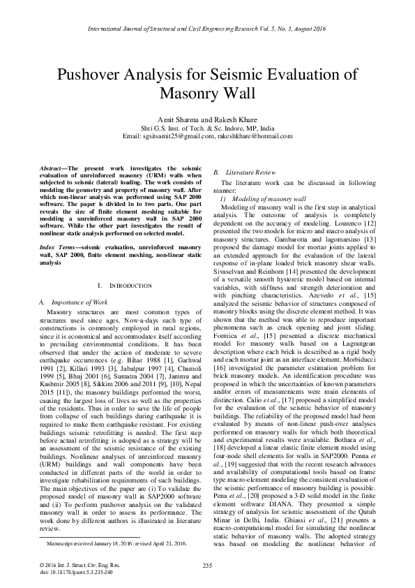 (PDF) Pushover Analysis for Seismic Evaluation of Masonry Wall