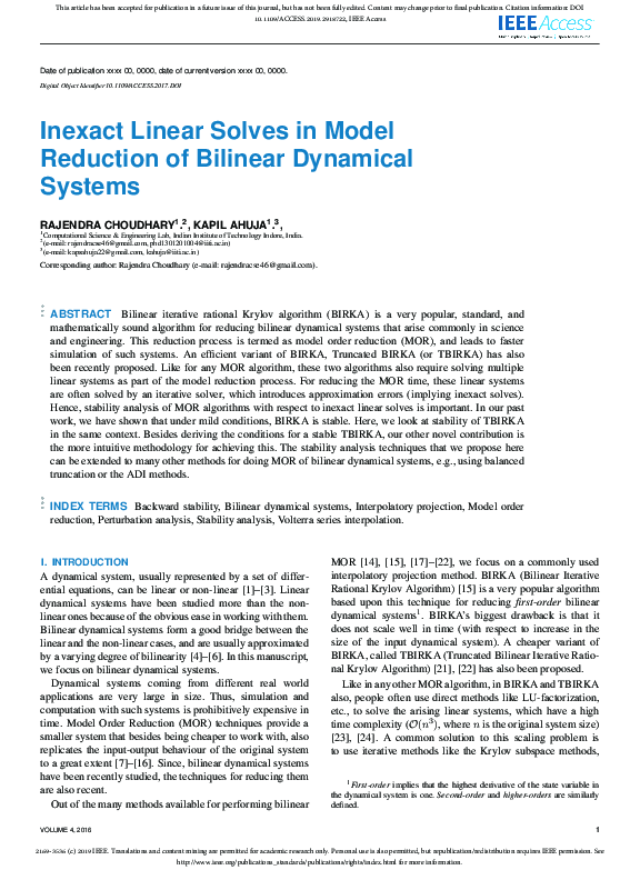 (PDF) Inexact Linear Solves in Model Reduction of Bilinear Dynamical ...