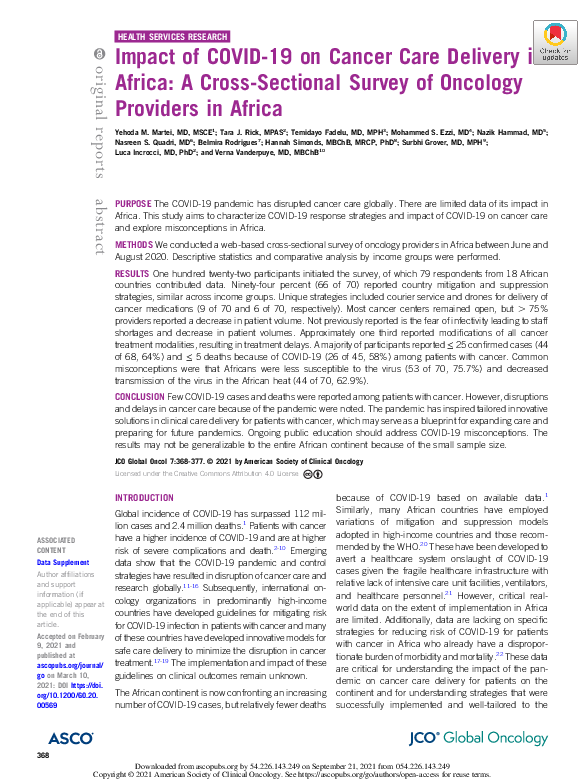 (PDF) Impact of COVID-19 on Cancer Care Delivery in Africa: A Cross ...