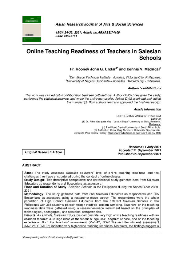 (PDF) Online Teaching Readiness of Teachers in Salesian Schools