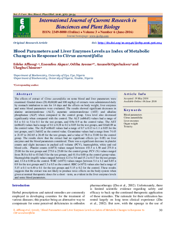 (PDF) Blood Parameters and Liver Enzymes Levels as Index of Metabolic ...