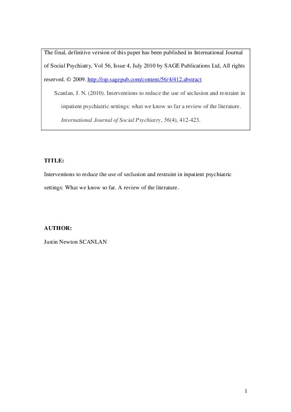 (PDF) Interventions To Reduce the Use of Seclusion and Restraint in ...