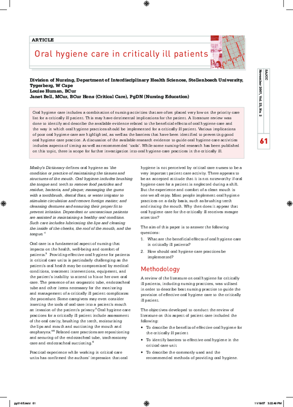 (PDF) Oral hygiene care in critically ill patients Louise Human