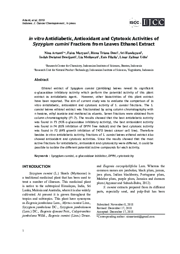 (PDF) in vitro Antidiabetic, Antioxidant and Cytotoxic Activities of ...