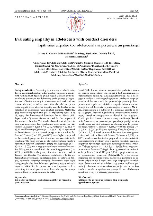 (PDF) Evaluating empathy in adolescents with conduct disorders