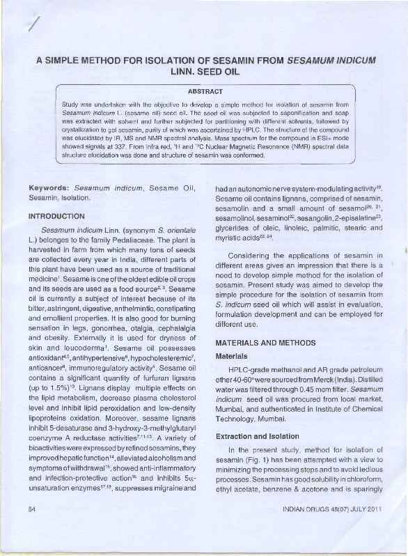 (PDF) A simple method for isolation of sesamin from Sesamum indicum ...