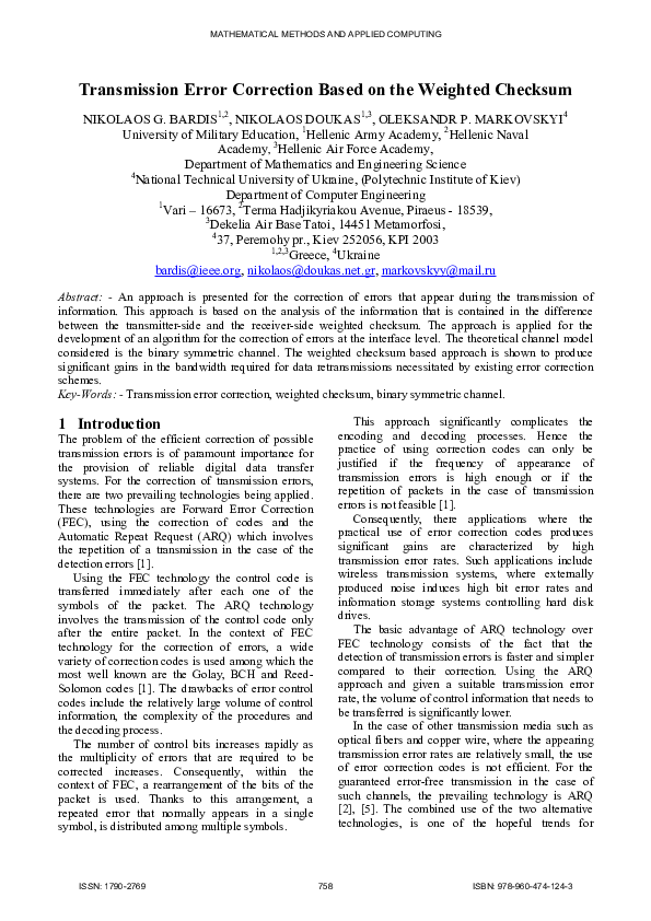 (PDF) Transmission error correction based on the weighted checksum