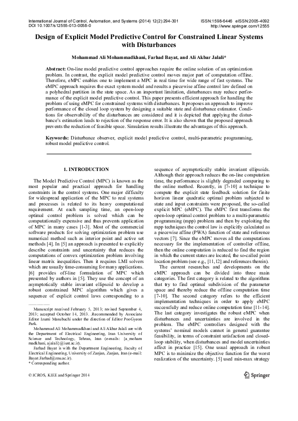(PDF) Design of explicit model predictive control for constrained ...