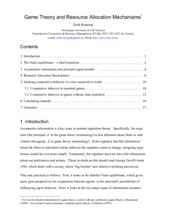(PDF) Game Theory and Resource Allocation Mechanisms1