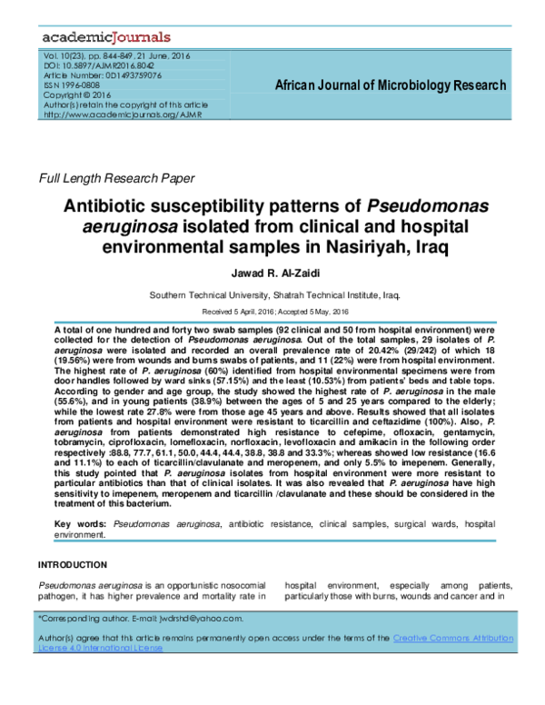 (PDF) Antibiotic susceptibility patterns of Pseudomonas aeruginosa at a ...