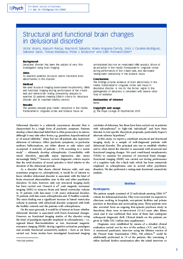 (PDF) Structural and functional brain changes in delusional disorder