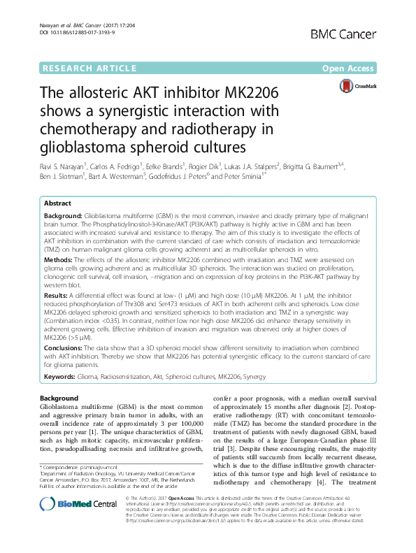 (PDF) The allosteric AKT inhibitor MK2206 shows a synergistic ...