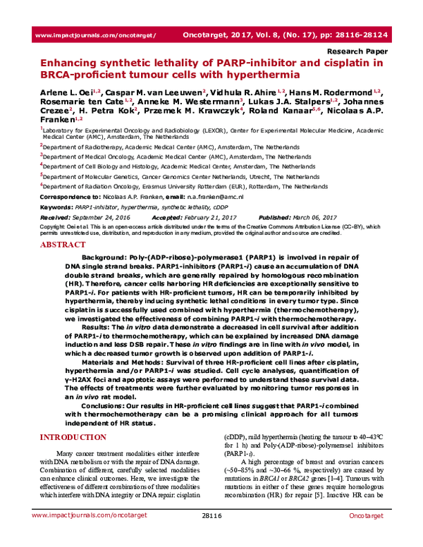 (PDF) Enhancing synthetic lethality of PARP-inhibitor and cisplatin in ...
