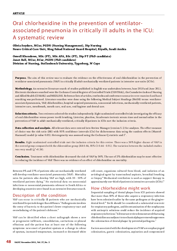 (PDF) Oral chlorhexidine in the prevention of ventilatorassociated