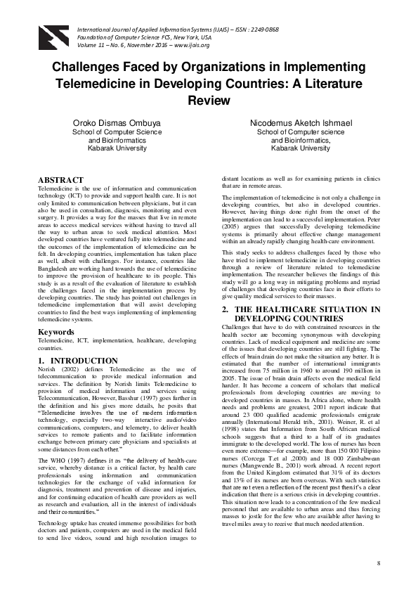 (PDF) Challenges Faced by Organizations in Implementing Telemedicine in ...