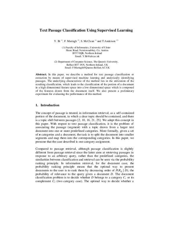 (PDF) Text passage classification using supervised learning