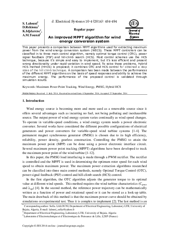 (PDF) An improved MPPT algorithm for wind energy conversion system