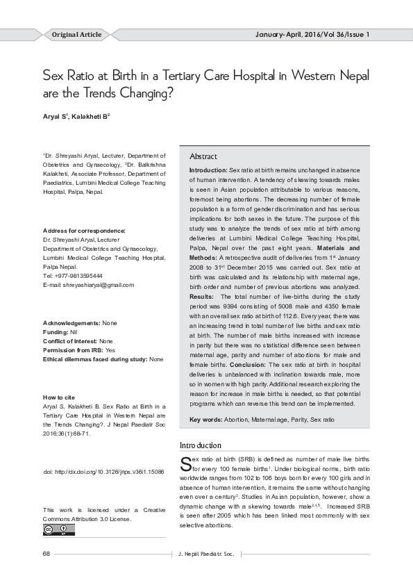 (PDF) Sex ratio at Birth in a Tertiary Care Hospital in Western Nepal ...