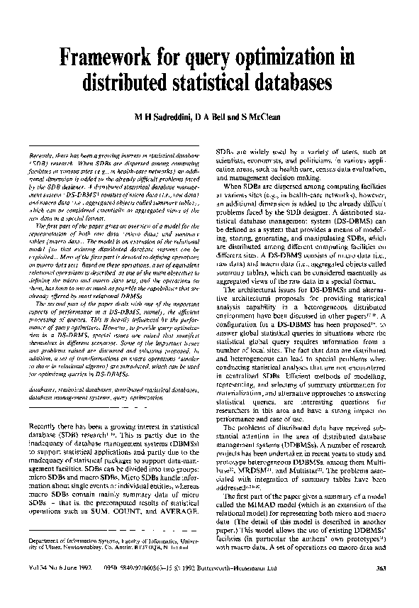 (PDF) Framework for query optimization in distributed statistical databases