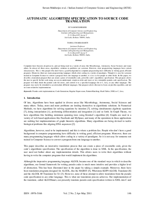 (PDF) Automatic Algorithm Specification to Source Code Translation