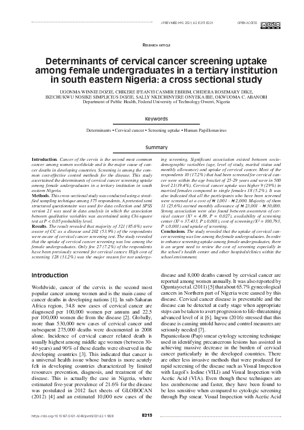 (PDF) Determinants of cervical cancer screening uptake among female ...