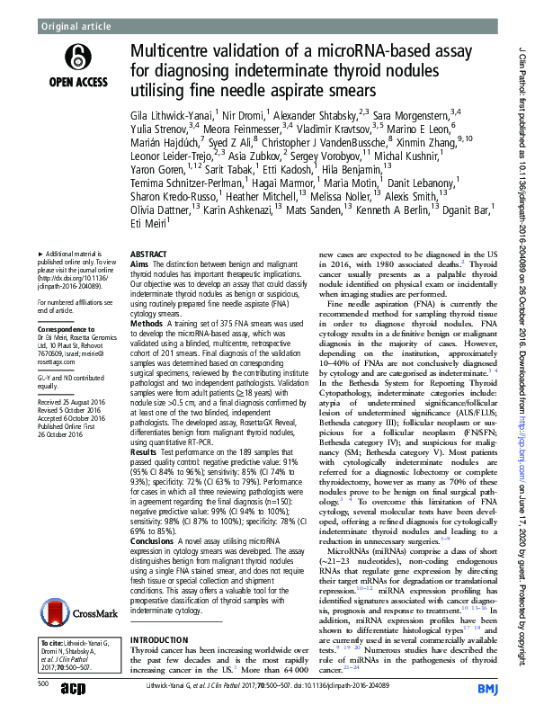 (PDF) Multicentre validation of a microRNA-based assay for diagnosing ...