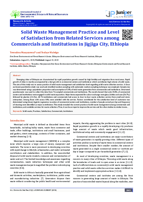 (PDF) Solid Waste Management Practice and Level of Satisfaction from ...