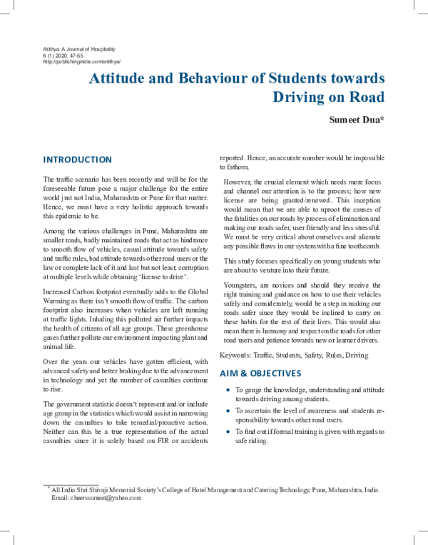 (PDF) Attitude and Behaviour of Students towards Driving on Road