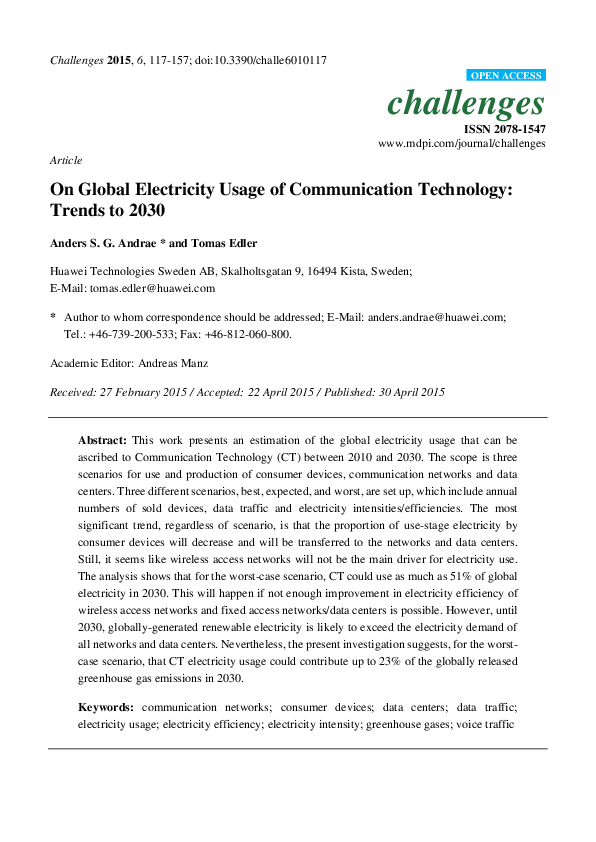 (PDF) On Global Electricity Usage of Communication Technology: Trends ...