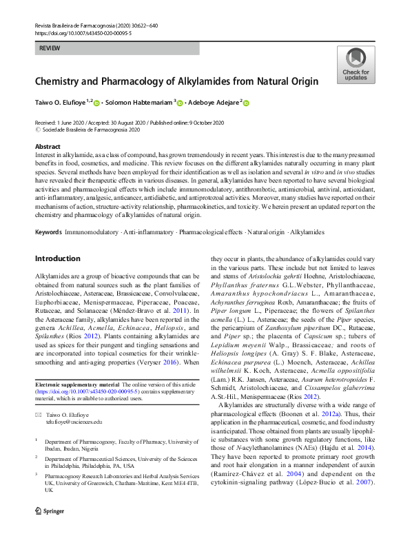 (PDF) Chemistry and Pharmacology of Alkylamides from Natural Origin