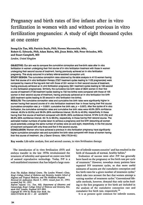(PDF) Pregnancy and birth rates of live infants after in vitro ...