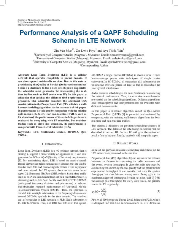 (PDF) Performance Analysis of a QAPF Scheduling Scheme in LTE Network
