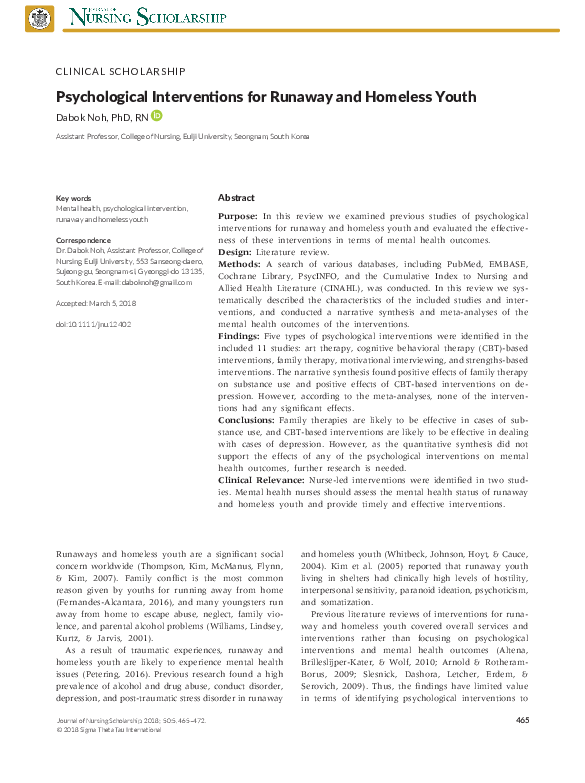 (PDF) Psychological Interventions for Runaway and Homeless Youth