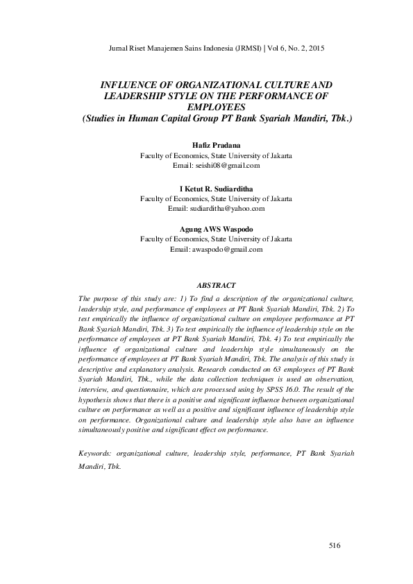 (PDF) INFLUENCE OF ORGANIZATIONAL CULTURE AND LEADERSHIP STYLE ON THE ...