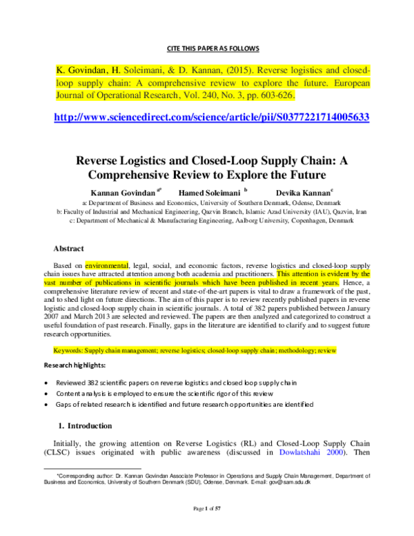 (PDF) Reverse logistics and closedloop supply chain A comprehensive