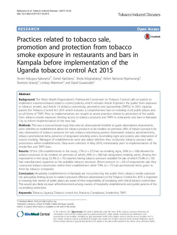 tobacco control act pdf PDF) Practices related to tobacco sale, promotion and protection from  tobacco smoke exposure in restaurants and bars in Kampala before  implementation of the Uganda tobacco control Act 2015