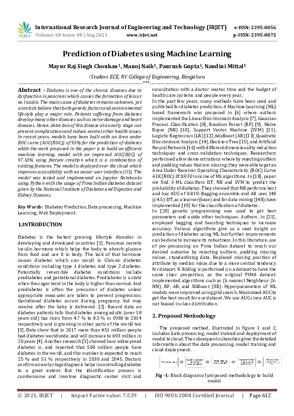 (PDF) Prediction of Diabetes using Machine Learning