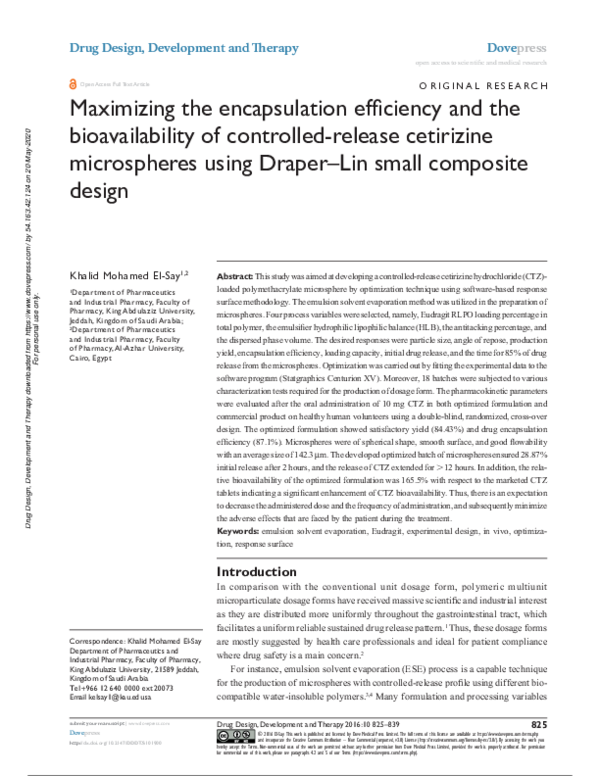 PDF) Maximizing the encapsulation efficiency and the bioavailability of controlled-release cetirizine microspheres using Draper–Lin small composite design pdf-maximizing-the-encapsulation-efficiency-and-the-bioavailability-of-controlled-release-cetirizine-microspheres-using-draper-ndash-lin-small-composite-design