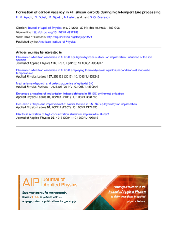 PDF) Formation of carbon vacancy in 4H silicon carbide during high 