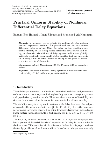 (PDF) Practical Uniform Stability of Nonlinear Differential Delay ...