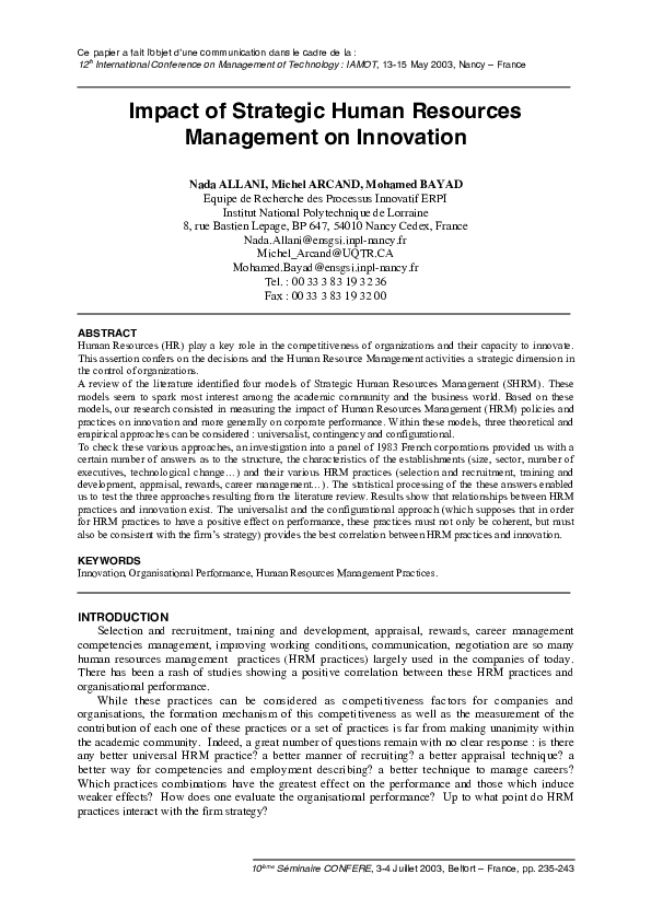 (PDF) Impact of Strategic Human Resources Management on Innovation