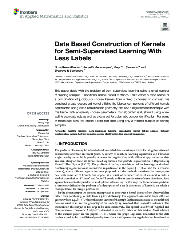(PDF) Data Based Construction of Kernels for Semi-Supervised Learning ...