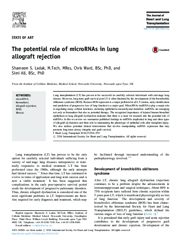 (PDF) The potential role of microRNAs in lung allograft rejection