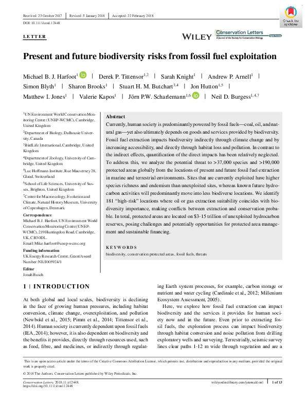 (PDF) Present and future biodiversity risks from fossil fuel exploitation