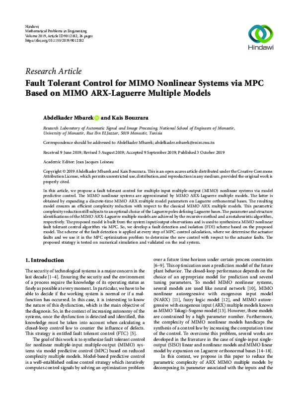 (PDF) Fault Tolerant Control for MIMO Nonlinear Systems via MPC Based ...