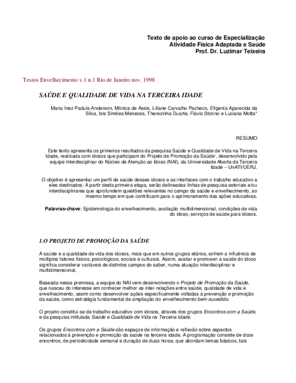 (PDF) Saúde e qualidade de vida na terceira idade