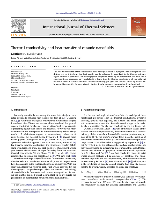 (PDF) Thermal conductivity and heat transfer of ceramic nanofluids
