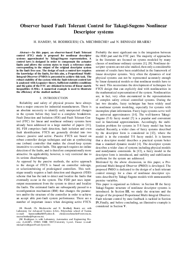(PDF) Observer based Fault Tolerant Control for Takagi-Sugeno Nonlinear ...